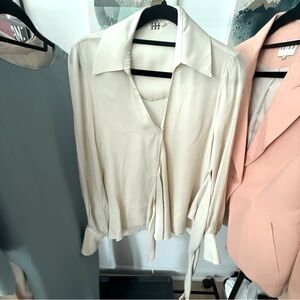 Haute Hippie Cream Silk Blouse with Tie Detail